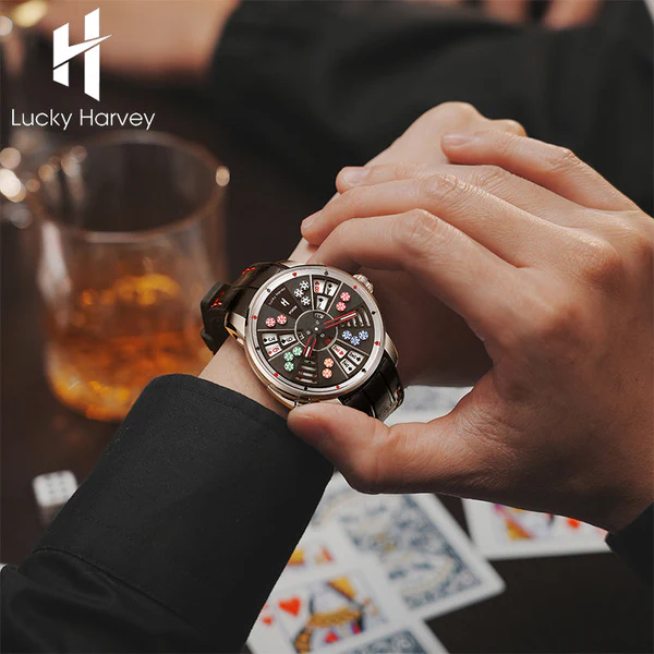 Lucky Harvey Player Series Three Card Poker Automatic Watch With Collectible Gift Box ( Silver )