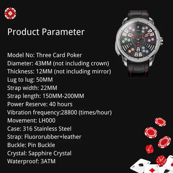 Lucky Harvey Player Series Three Card Poker Automatic Watch With Collectible Gift Box ( Silver )